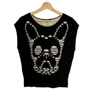 RVN Black & Tan Cutout Illusion Ghost Frenchy Short Cap Sleeve Sweater Top